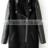 Black Contrast Leather Quilted Sleeve Wool Zipper Coat thumbnail-1