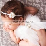 New Top Sale Baby Girls Angle Wing Photography Props with Headband Newborn Feather Costume Outfit Hairband with Pearl
