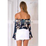 Summer New Tops for Women off Shoulder Bell Sleeve Floral Print Crop Tops thumbnail-2