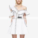 New Arrived One Shoulder off Cute Dress White Cotton Butterfly Sleeve Fit and Flare Mini Solid Dress thumbnail-1