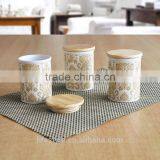 3 Sets Ceramic Canister With Wooden Lid,Stoneware With Decal thumbnail-1