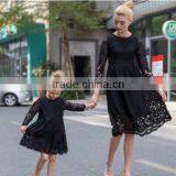 Ready sale 2017 girl child women matching dress lace hollow out long sleeve dresses