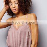 Women Casual Fit Satin Pajamas Set With Elasticated Waist Pink Sateen Lace Trim Playsuit V Neck thumbnail-5