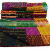 Indian Vintage Patola Silk Sari Kantha Quilt Patchwork Blanket bed sheet handmade Bedspreads,Throws silk kantha quilted ethnic
