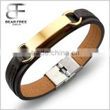 Wholesale PU Leather Stainless steeel Smooth ID Cuff bracelet for Men