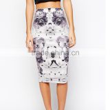 Fashional dress printed beautiful flowers back slit bodycon midi skirt