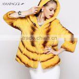 Hot Sale Yellow Cross Mink Coat With Hood Women Warm Fur Coat for Winter thumbnail-1