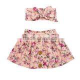 Summer Blue Flower Printed Dress Buttons Design Kids Clothes With Headband thumbnail-3