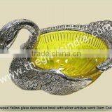 Glass Decoration--Duck Shaped Yellow Glass Decorative Bowl With Silver Antique Work thumbnail-1