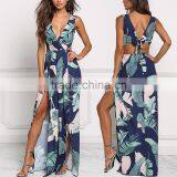 Navy Tie Back Leaf Print Women Maxi Long Party Dress Girls Without Dress Sex Picture HSd5187 thumbnail-1