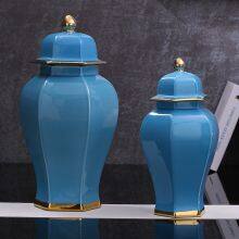 Hexagon New Chinese Style Large Blue Gild Ceramic Vase Decoration Art For Hallway TV Bench thumbnail-1