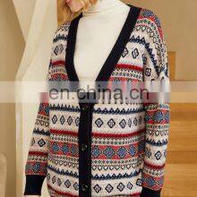 Women Plus Size V Neck Jacquard Cashmere Wool Cardigan Printed Sweater thumbnail-5