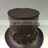 Black Leather Victorian Corset Style / Steampunk / Gothic / Emo Style Top Hat w. Solid Metal Bat Badge thumbnail-5