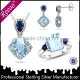 925 Silver Blue Topaz Color CZ Princess Set Eternity Band Ring thumbnail-3