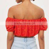 Good Reputation Elastic Hem Fashion Neckline Puff Sleeves Lace Stand-Out Crop Top thumbnail-3