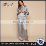 OEM Service Women Grey Satin Sleepwear Appeal Silk Pyjama Long Sleeve Blouse With Long Pants White Piping thumbnail-1