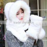 High Quality Hot Sales Type Women Hat Winter Soft With Long Scarf Mittens Ski Attached Gloves Faux Fur Hood thumbnail-5