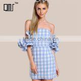 Cute Frill Puff Sleeve off the Shoulder Blue Gingham Mini Dress thumbnail-1