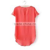 New Women Short Sleeve Short Front Long Back Plain Blouse thumbnail-4