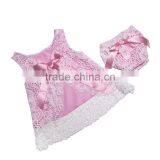 2016 Fashion Wholesale Clothes Baby Girls Lace Trimmings Boutique Outfits Sleeveless Bow Cotton Romper Sets thumbnail-3