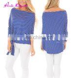 Private Label Blue Striped Long Sleeves Tops Tshirt Women Casual Blouse Designs thumbnail-2