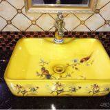 Yellow Ceramic Hand Wash Basin Square Single Hole Tabletop Bathroom Wash Basin Sink With Hand Paint Fancy Design