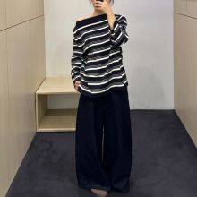 Casual Version Boat Collar Striped T-shirt Dark Blue/striped 2025 Spring New Product thumbnail-2