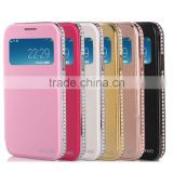 Wallet Window View Genuine Leather Metal Bumper with Diamond Edged Flip-On Back Cover Cell Phone Cases for Samsung S4