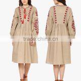 Boho Ukrainian Designs Beige Embroidered Shift Dress Bohemian Clothing Style Long Sleeve Maxi Dress HSd5083 thumbnail-1