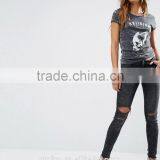 2016 New Product Custom T-shirt 50% Cotton 50% Polyester T-shirt for Girls Black Skull Print thumbnail-4