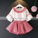 Kids Clothes Speaker Sleeve White Shirt Round Collar Match Gingham Skirt Short Pants Fashion Clothing Set For Children thumbnail-4