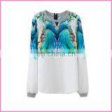 stitched design watercolor printed chiffon blouse with back zipper