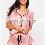 Pink Satin Piped Short Pyjama Set Roll Cuff Sleeve With Private Label Short Sleeve Buttons Sleepwear thumbnail-5