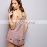 New Arrival Straps Nightwear Pink Sateen Eyelash Lace Pyjamas Set Vest and Shorts Casual Fit Sleepwear For Women thumbnail-3