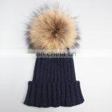 Jumbo raccoon fur bobble girl beanies navy winter top knitted beanies