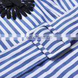 2017 Summer Stripe Dress Office Formal Collar Neck Blue White Stripe Cape Sleeve Lace Twill Patch Work Midi Dress Instock thumbnail-6