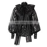 TWOTWINSTYLE Striped Bow Collar Lantern Sleeve Loose Lace Up Women's Shirts 2020 thumbnail-3