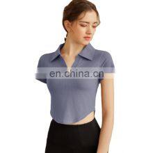 Yoga Suit New Sexy Female Summer Sports Tight Running Short Sleeve Cuff Show Thin Coat Lapels Quick-drying T-shirt thumbnail-5