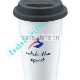 ceramic double wall coffee mug with silicone lid