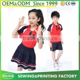 Wholesale new style primary school uniform high quality polo shirt with bule skirt or shorts