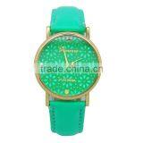 fashion leather strap daisy cut out face geneva platinum watches for women