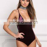 MGOO Fashion Manufacturer Purple Plunge Strap Bodysuits Velvet Blouses Cross V Neck Sexy Bloues Tops thumbnail-6