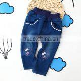 New Fall Children Wear Cartoon Bear Embroidered Lace and Cotton Denim Trousers thumbnail-3