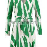 Fashion Women 100% Silk Long Sleeve Printed Silk Jersey Green Wrap Dress With Waist Ties thumbnail-2