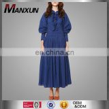 Navy Blue Long Sleeves Dress High Quality Maxi Skirt Band Neck Runched Waistband Design Soft Dress