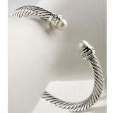 Fashion Women Inspired DY 5mm Pearl Diamond Silver Ice Cable Cuff Bracelet