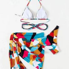 3 Pieces Ladies Women Printed Sexy Swimsuit Bikini Swimwear with Skirt Cover-Up