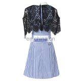 2017 Summer Stripe Dress Office Formal Collar Neck Blue White Stripe Cape Sleeve Lace Twill Patch Work Midi Dress Instock thumbnail-5