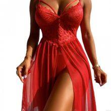 Sexy Feather Lace Deep V Slit Babydoll Loungewear Nightie Lingerie Boudoir Nightgown Women's Nightdress Erotic Chemise thumbnail-2