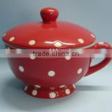 Hand printing custom ceramic soup bowl with lid and handle